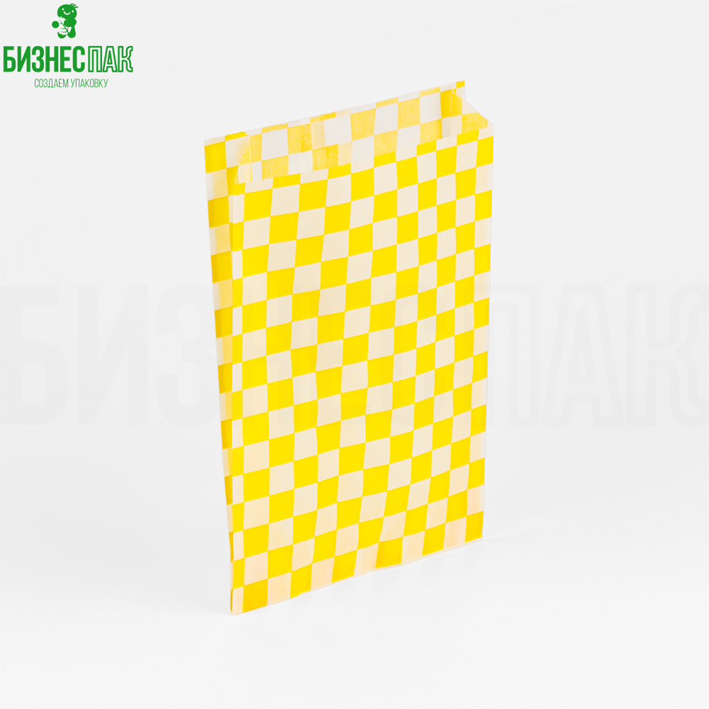 Бумажный пакет Пакет жиростойкий для попкорна 110*30*170 мм с рисунком "Желтая клеточка", плотность 40 гр/м2